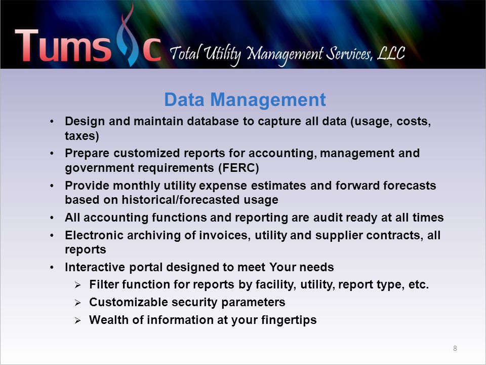 8 Data Management Design and maintain database to capture all data (usage, costs, taxes) Prepare customized reports for accounting, management and government requirements (FERC) Provide monthly utility expense estimates and forward forecasts based on historical/forecasted usage All accounting functions and reporting are audit ready at all times Electronic archiving of invoices, utility and supplier contracts, all reports Interactive portal designed to meet Your needs  Filter function for reports by facility, utility, report type, etc.