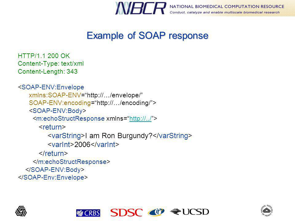 Example of SOAP response HTTP/ OK Content-Type: text/xml Content-Length: 343 <SOAP-ENV:Envelope xmlns:SOAP-ENV=   SOAP-ENV:encoding=   >   I am Ron Burgundy.