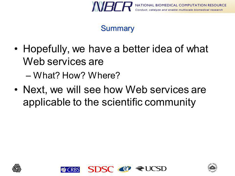 Summary Hopefully, we have a better idea of what Web services are –What.