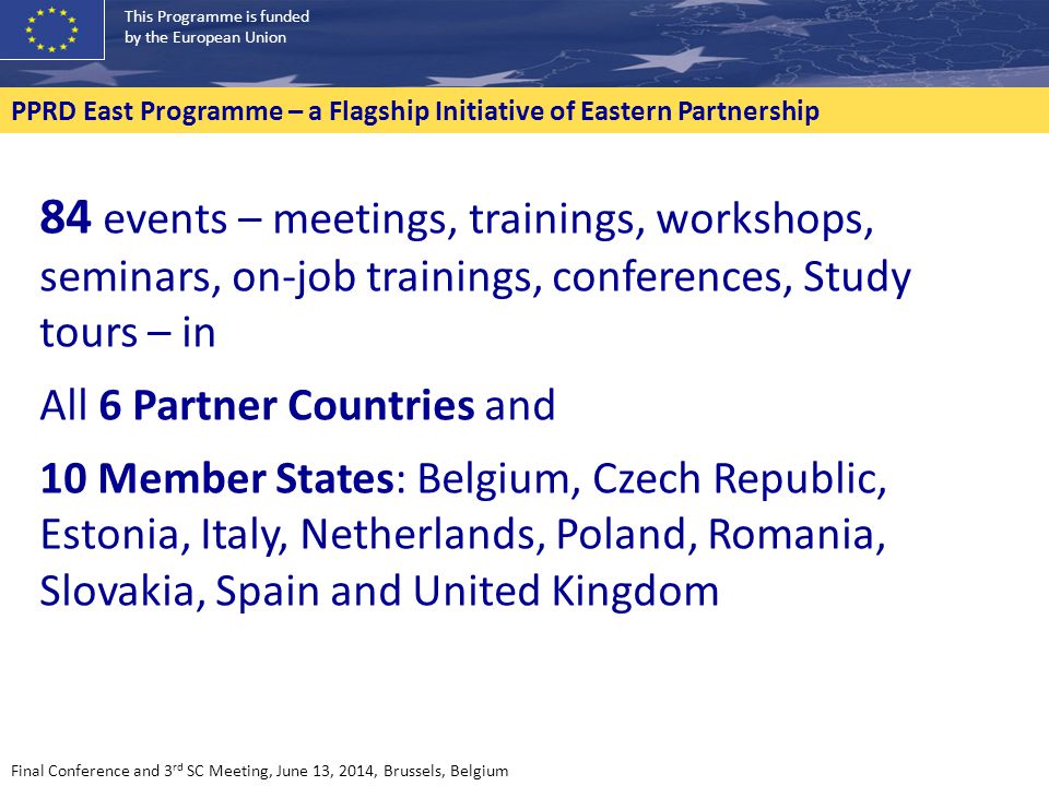 This Programme is funded by the European Union PPRD East Programme – a Flagship Initiative of Eastern Partnership 84 events – meetings, trainings, workshops, seminars, on-job trainings, conferences, Study tours – in All 6 Partner Countries and 10 Member States: Belgium, Czech Republic, Estonia, Italy, Netherlands, Poland, Romania, Slovakia, Spain and United Kingdom Final Conference and 3 rd SC Meeting, June 13, 2014, Brussels, Belgium