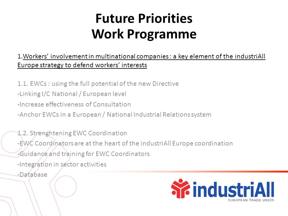 Future Priorities Work Programme 1.Workers’ involvement in multinational companies : a key element of the industriAll Europe strategy to defend workers’ interests 1.1.