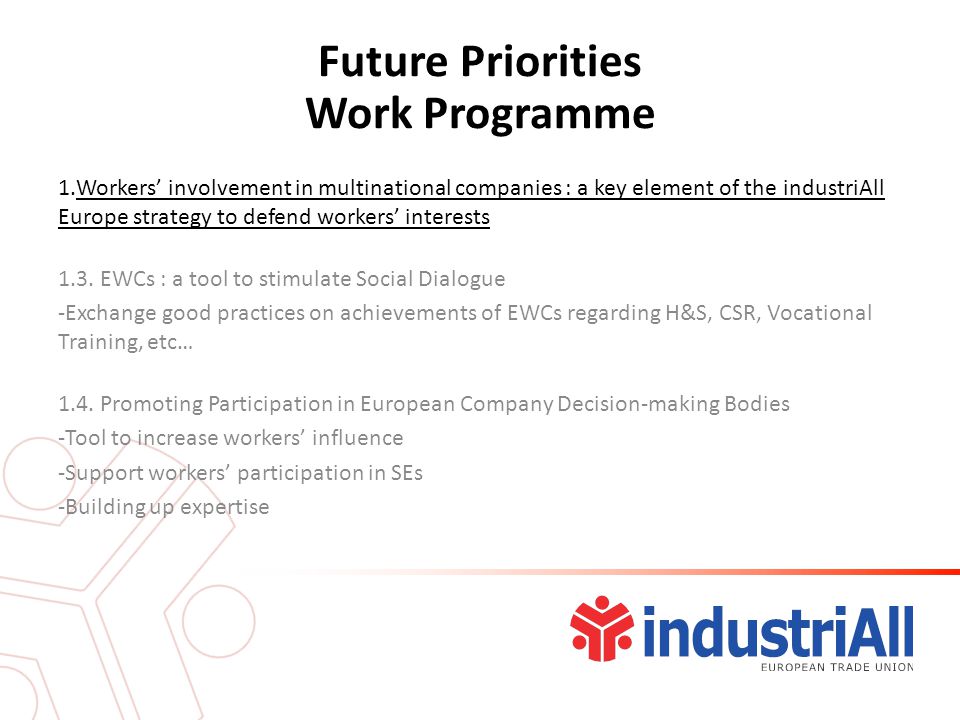 Future Priorities Work Programme 1.Workers’ involvement in multinational companies : a key element of the industriAll Europe strategy to defend workers’ interests 1.3.
