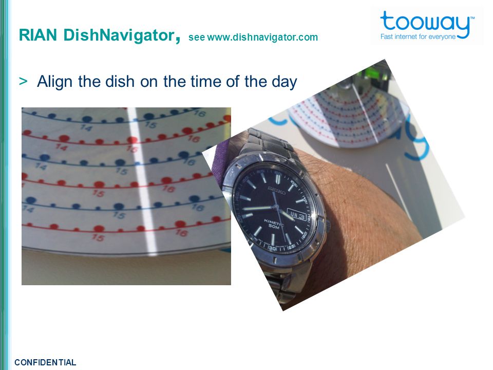 CONFIDENTIAL RIAN DishNavigator, see    Align the dish on the time of the day