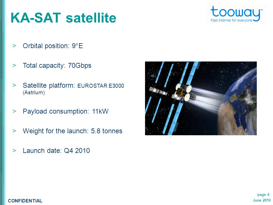 CONFIDENTIAL June 2010 page 4 KA-SAT satellite  Orbital position: 9°E  Total capacity: 70Gbps  Satellite platform: EUROSTAR E3000 (Astrium)  Payload consumption: 11kW  Weight for the launch: 5.8 tonnes  Launch date: Q4 2010
