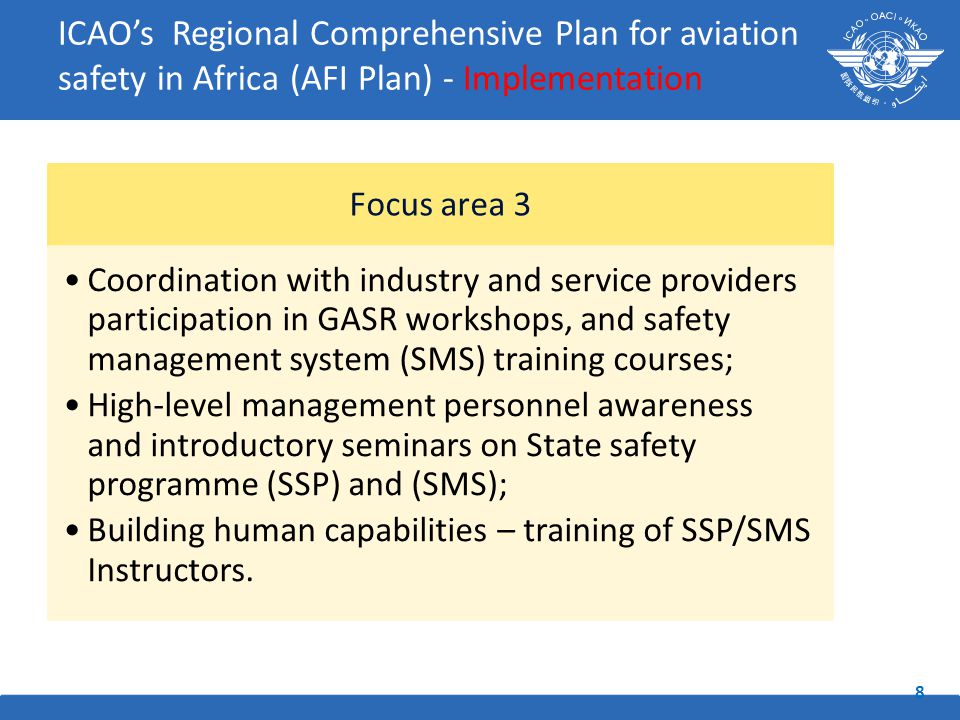 Focus area 3 Coordination with industry and service providers participation in GASR workshops, and safety management system (SMS) training courses; High-level management personnel awareness and introductory seminars on State safety programme (SSP) and (SMS); Building human capabilities – training of SSP/SMS Instructors.