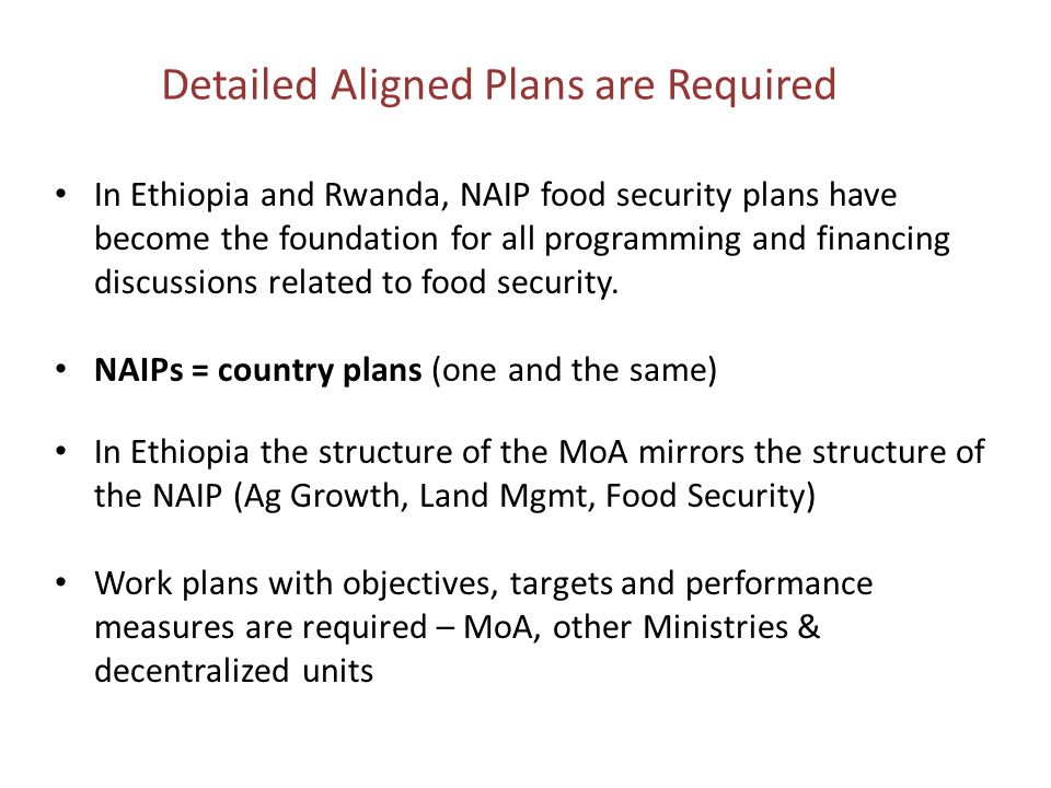 Detailed Aligned Plans are Required In Ethiopia and Rwanda, NAIP food security plans have become the foundation for all programming and financing discussions related to food security.