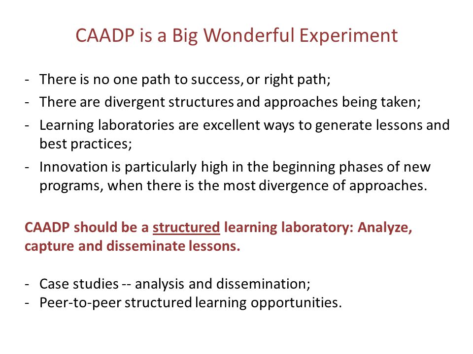 CAADP is a Big Wonderful Experiment -There is no one path to success, or right path; -There are divergent structures and approaches being taken; -Learning laboratories are excellent ways to generate lessons and best practices; -Innovation is particularly high in the beginning phases of new programs, when there is the most divergence of approaches.