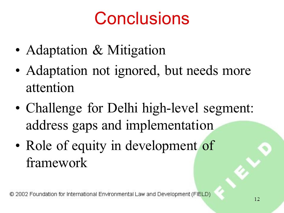 12 Conclusions Adaptation & Mitigation Adaptation not ignored, but needs more attention Challenge for Delhi high-level segment: address gaps and implementation Role of equity in development of framework