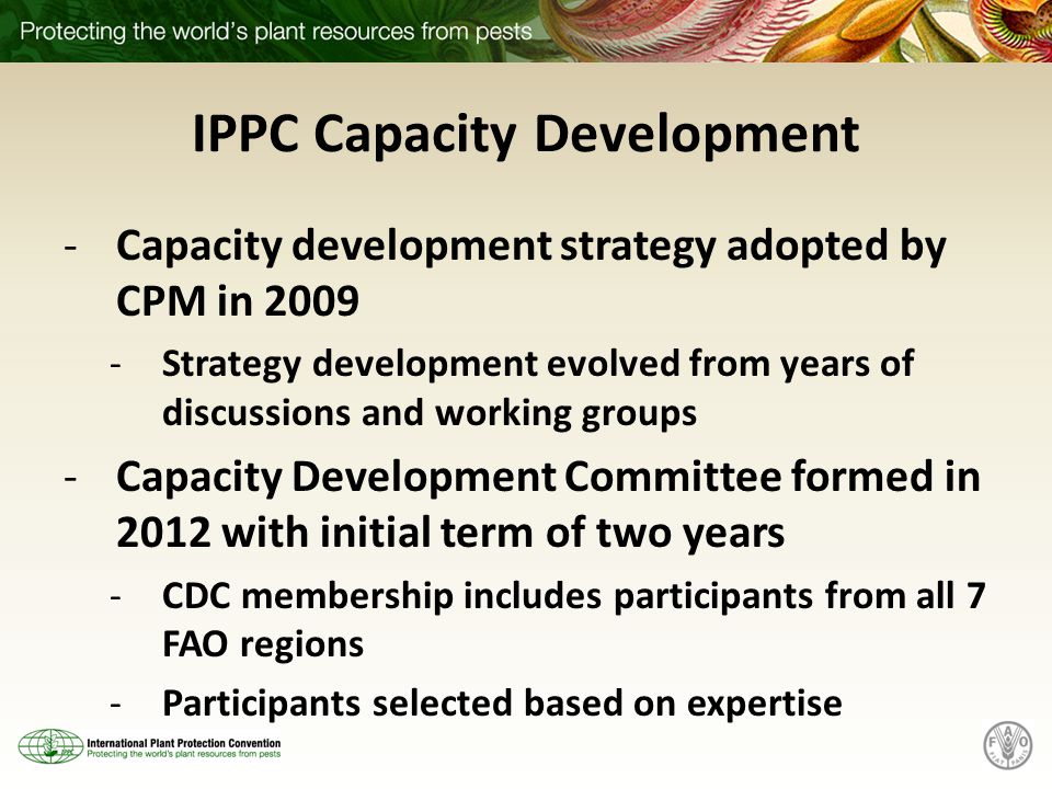 IPPC Capacity Development -Capacity development strategy adopted by CPM in Strategy development evolved from years of discussions and working groups -Capacity Development Committee formed in 2012 with initial term of two years -CDC membership includes participants from all 7 FAO regions -Participants selected based on expertise