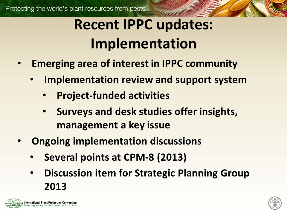 Recent IPPC updates: Implementation Emerging area of interest in IPPC community Implementation review and support system Project-funded activities Surveys and desk studies offer insights, management a key issue Ongoing implementation discussions Several points at CPM-8 (2013) Discussion item for Strategic Planning Group 2013