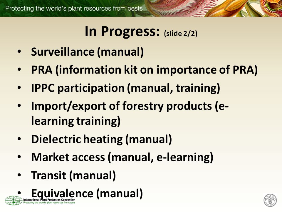 In Progress: (slide 2/2) Surveillance (manual) PRA (information kit on importance of PRA) IPPC participation (manual, training) Import/export of forestry products (e- learning training) Dielectric heating (manual) Market access (manual, e-learning) Transit (manual) Equivalence (manual)