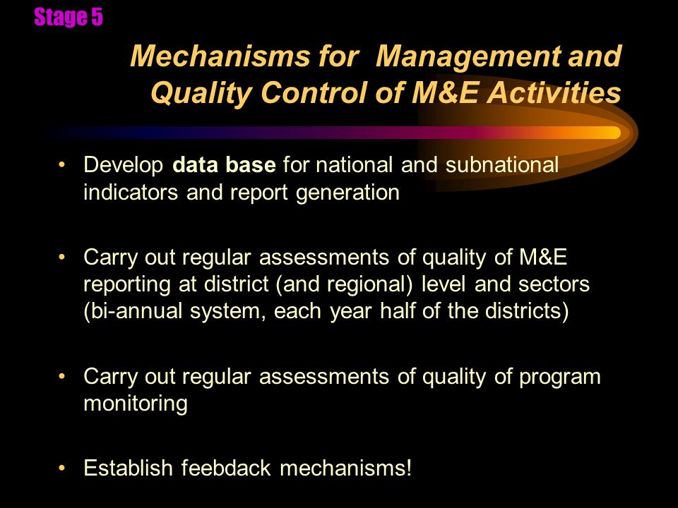 Mechanisms for Management and Quality Control of M&E Activities Develop data base for national and subnational indicators and report generation Carry out regular assessments of quality of M&E reporting at district (and regional) level and sectors (bi-annual system, each year half of the districts) Carry out regular assessments of quality of program monitoring Establish feebdack mechanisms.