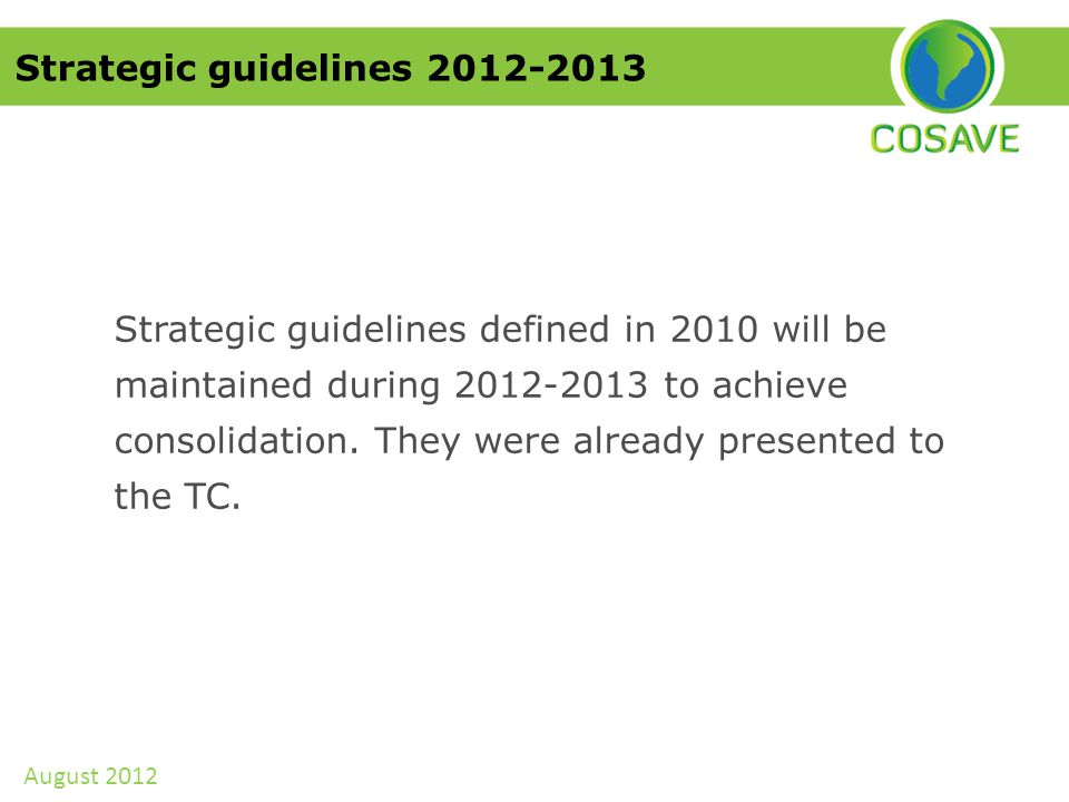 Strategic guidelines Strategic guidelines defined in 2010 will be maintained during to achieve consolidation.