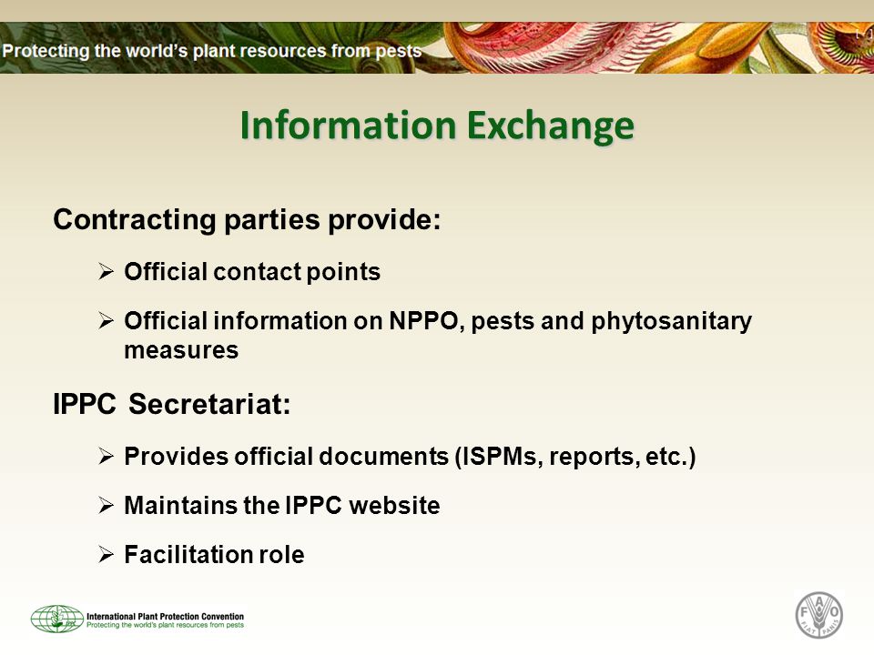 Information Exchange Contracting parties provide:  Official contact points  Official information on NPPO, pests and phytosanitary measures IPPC Secretariat:  Provides official documents (ISPMs, reports, etc.)  Maintains the IPPC website  Facilitation role