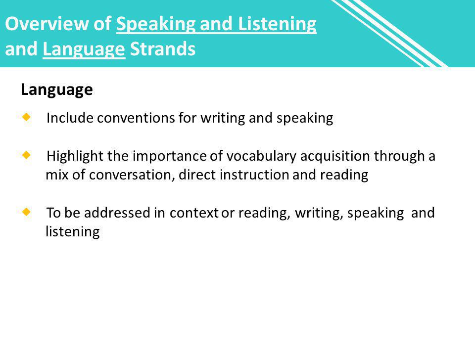 Overview of Speaking and Listening and Language Strands Language  Include conventions for writing and speaking  Highlight the importance of vocabulary acquisition through a mix of conversation, direct instruction and reading  To be addressed in context or reading, writing, speaking and listening