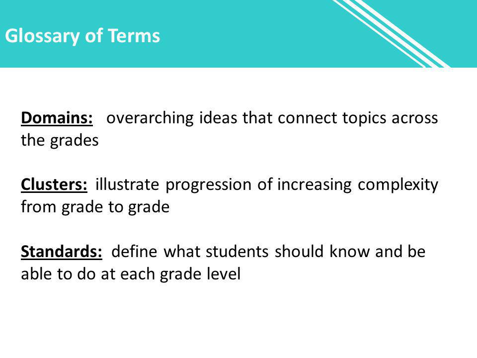 Glossary of Terms Domains: overarching ideas that connect topics across the grades Clusters: illustrate progression of increasing complexity from grade to grade Standards: define what students should know and be able to do at each grade level