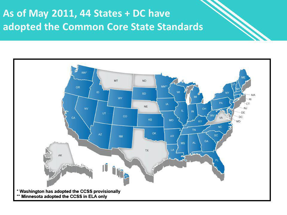 As of May 2011, 44 States + DC have adopted the Common Core State Standards