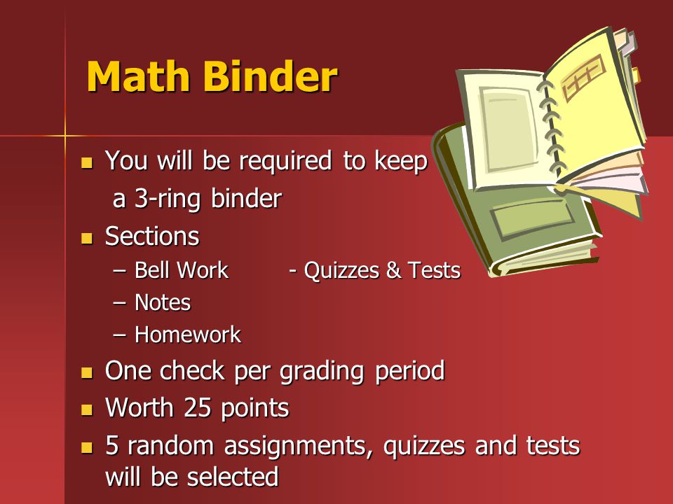 Math Binder You will be required to keep You will be required to keep a 3-ring binder a 3-ring binder Sections Sections –Bell Work - Quizzes & Tests –Notes –Homework One check per grading period One check per grading period Worth 25 points Worth 25 points 5 random assignments, quizzes and tests will be selected 5 random assignments, quizzes and tests will be selected