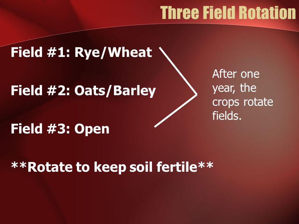 Three Field Rotation Field #1: Rye/Wheat Field #2: Oats/Barley Field #3: Open **Rotate to keep soil fertile** After one year, the crops rotate fields.