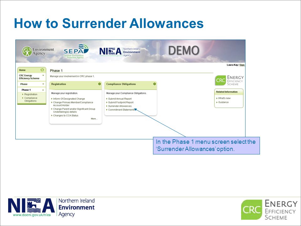 How to Surrender Allowances In the Phase 1 menu screen select the ‘Surrender Allowances’ option.