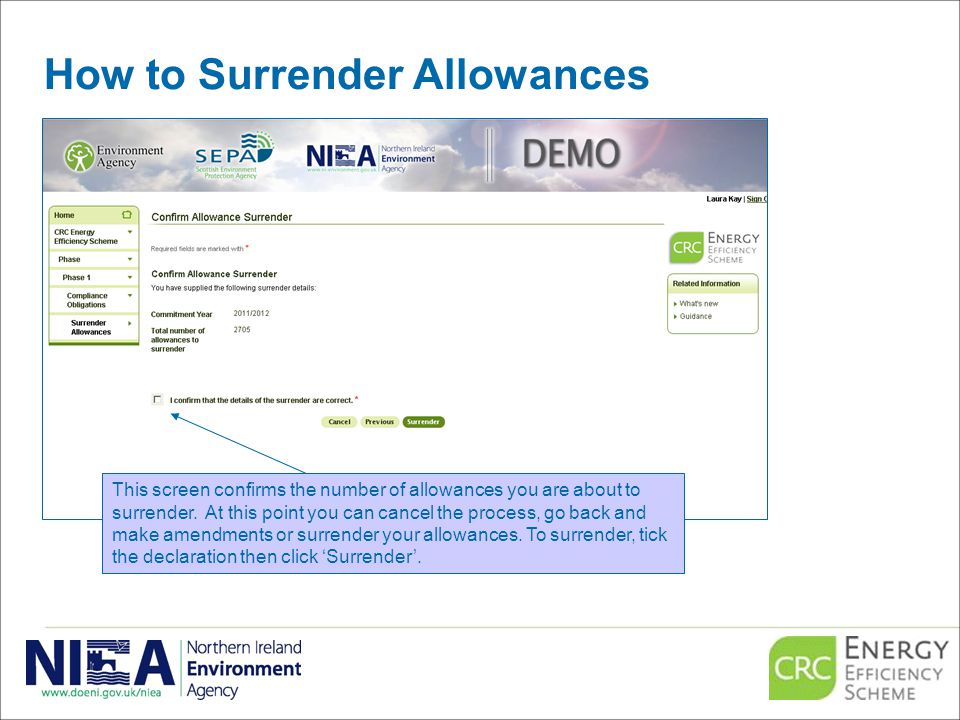 How to Surrender Allowances This screen confirms the number of allowances you are about to surrender.