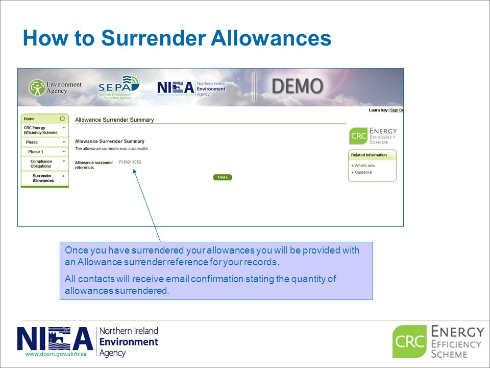 How to Surrender Allowances Once you have surrendered your allowances you will be provided with an Allowance surrender reference for your records.