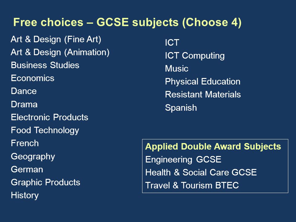 Free choices – GCSE subjects (Choose 4) Art & Design (Fine Art) Art & Design (Animation) Business Studies Economics Dance Drama Electronic Products Food Technology French Geography German Graphic Products History ICT ICT Computing Music Physical Education Resistant Materials Spanish Applied Double Award Subjects Engineering GCSE Health & Social Care GCSE Travel & Tourism BTEC