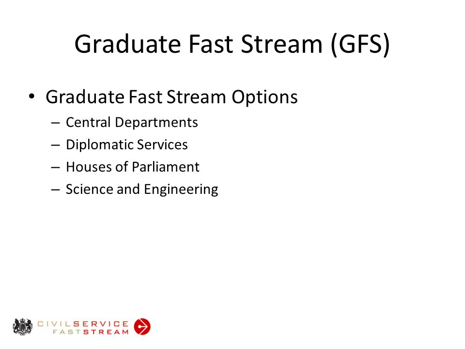 Graduate Fast Stream (GFS) Graduate Fast Stream Options – Central Departments – Diplomatic Services – Houses of Parliament – Science and Engineering