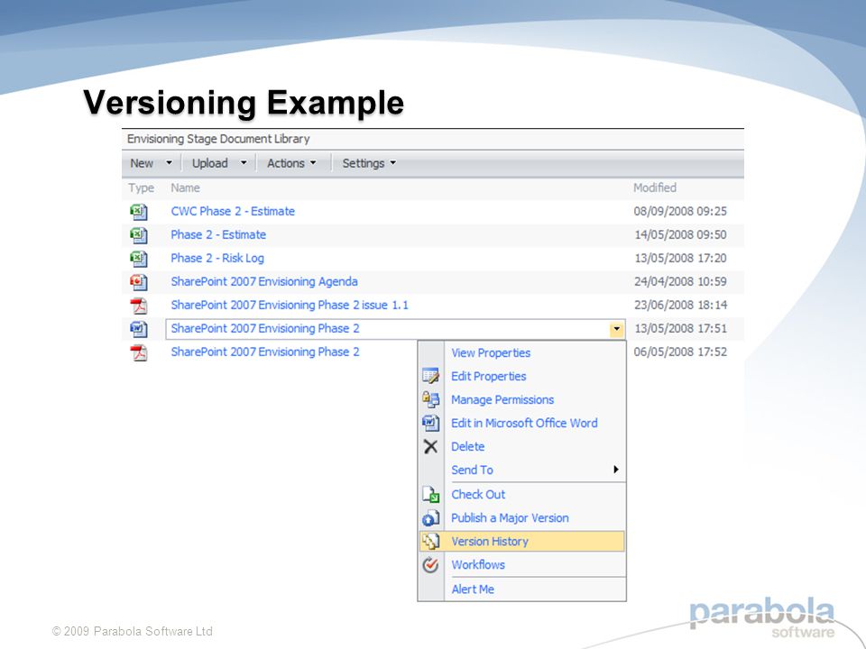 Versioning Example © 2009 Parabola Software Ltd