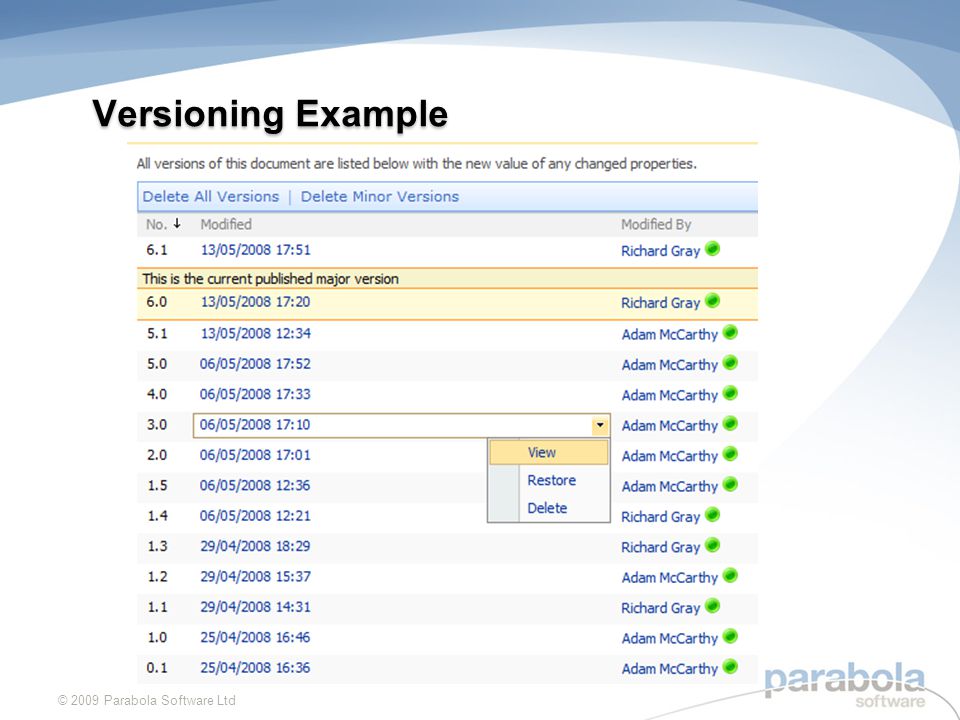 Versioning Example © 2009 Parabola Software Ltd