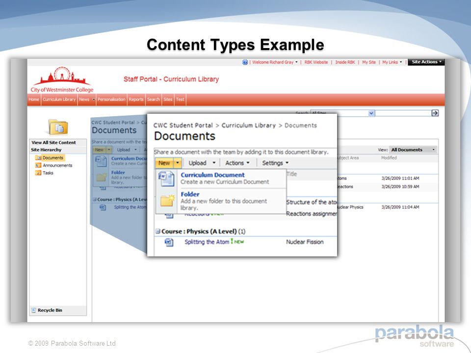 © 2009 Parabola Software Ltd Content Types Example