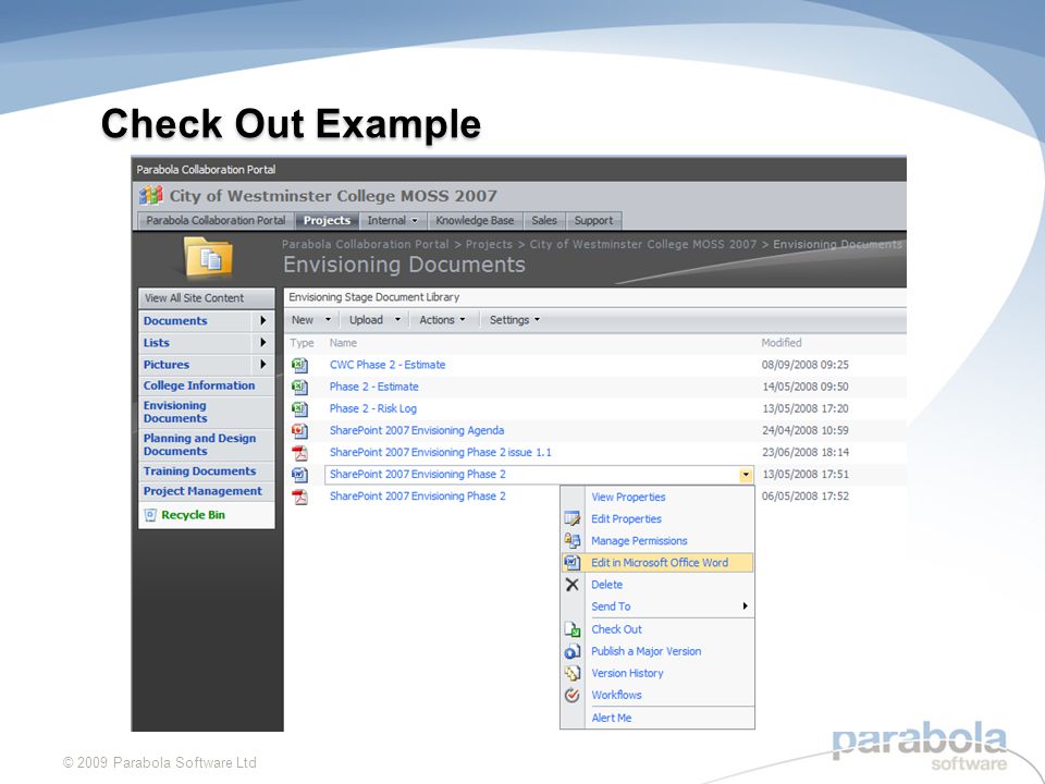 Check Out Example © 2009 Parabola Software Ltd