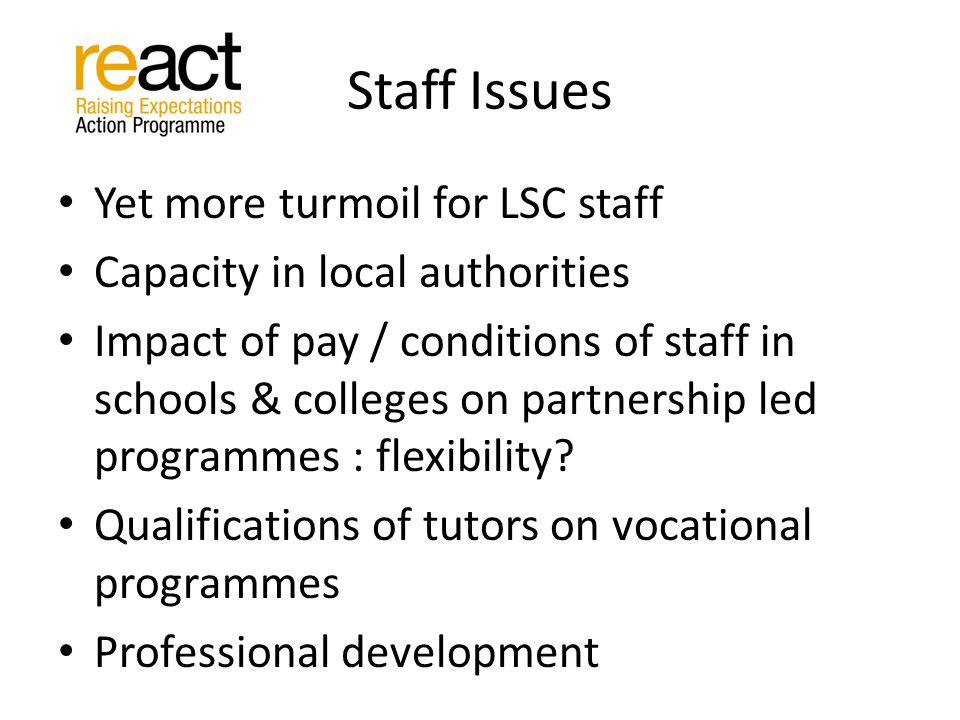 Staff Issues Yet more turmoil for LSC staff Capacity in local authorities Impact of pay / conditions of staff in schools & colleges on partnership led programmes : flexibility.