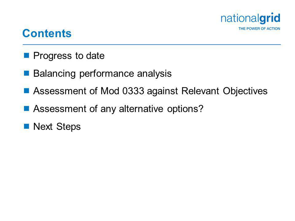 Contents  Progress to date  Balancing performance analysis  Assessment of Mod 0333 against Relevant Objectives  Assessment of any alternative options.