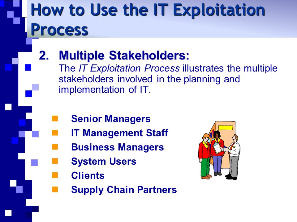 2.Multiple Stakeholders: The IT Exploitation Process illustrates the multiple stakeholders involved in the planning and implementation of IT.