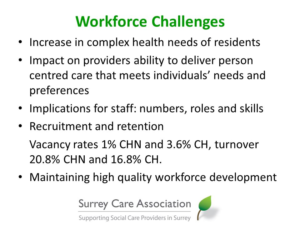Workforce Challenges Increase in complex health needs of residents Impact on providers ability to deliver person centred care that meets individuals’ needs and preferences Implications for staff: numbers, roles and skills Recruitment and retention Vacancy rates 1% CHN and 3.6% CH, turnover 20.8% CHN and 16.8% CH.