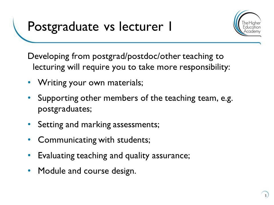 Developing from postgrad/postdoc/other teaching to lecturing will require you to take more responsibility: Writing your own materials; Supporting other members of the teaching team, e.g.