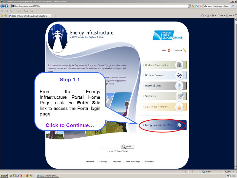 Step 1.1 From the Energy Infrastructure Portal Home Page, click the Enter Site link to access the Portal login page.