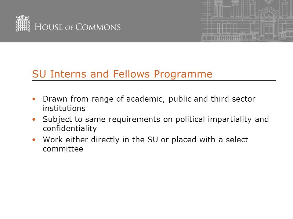 SU Interns and Fellows Programme Drawn from range of academic, public and third sector institutions Subject to same requirements on political impartiality and confidentiality Work either directly in the SU or placed with a select committee