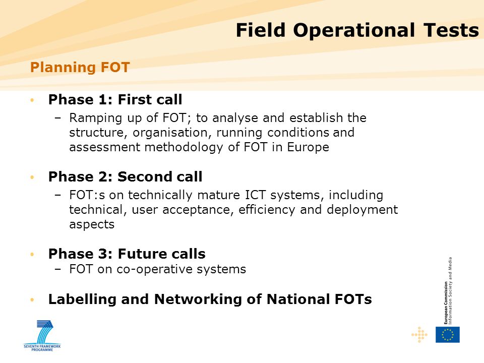 Field Operational Tests Planning FOT Phase 1: First call –Ramping up of FOT; to analyse and establish the structure, organisation, running conditions and assessment methodology of FOT in Europe Phase 2: Second call –FOT:s on technically mature ICT systems, including technical, user acceptance, efficiency and deployment aspects Phase 3: Future calls –FOT on co-operative systems Labelling and Networking of National FOTs