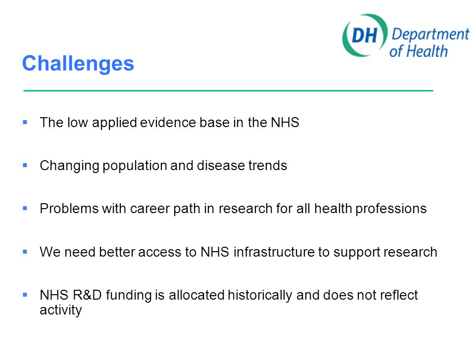 Challenges  The low applied evidence base in the NHS  Changing population and disease trends  Problems with career path in research for all health professions  We need better access to NHS infrastructure to support research  NHS R&D funding is allocated historically and does not reflect activity