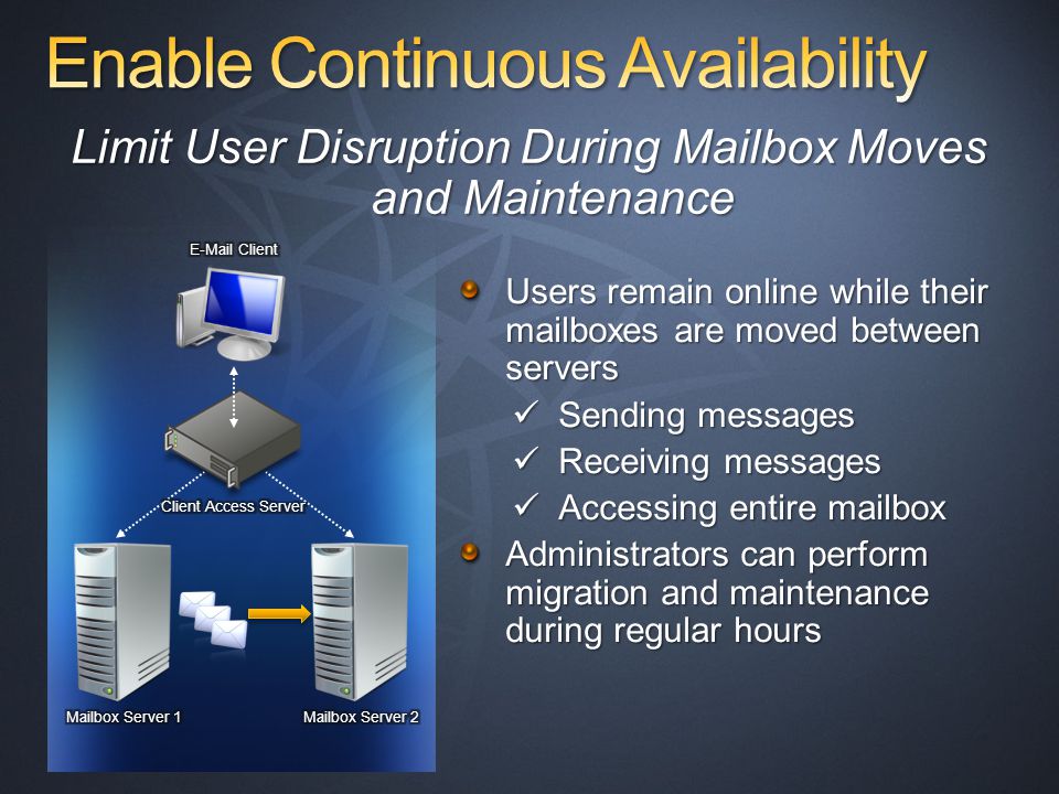Limit User Disruption During Mailbox Moves and Maintenance Users remain online while their mailboxes are moved between servers Sending messages Sending messages Receiving messages Receiving messages Accessing entire mailbox Accessing entire mailbox Administrators can perform migration and maintenance during regular hours