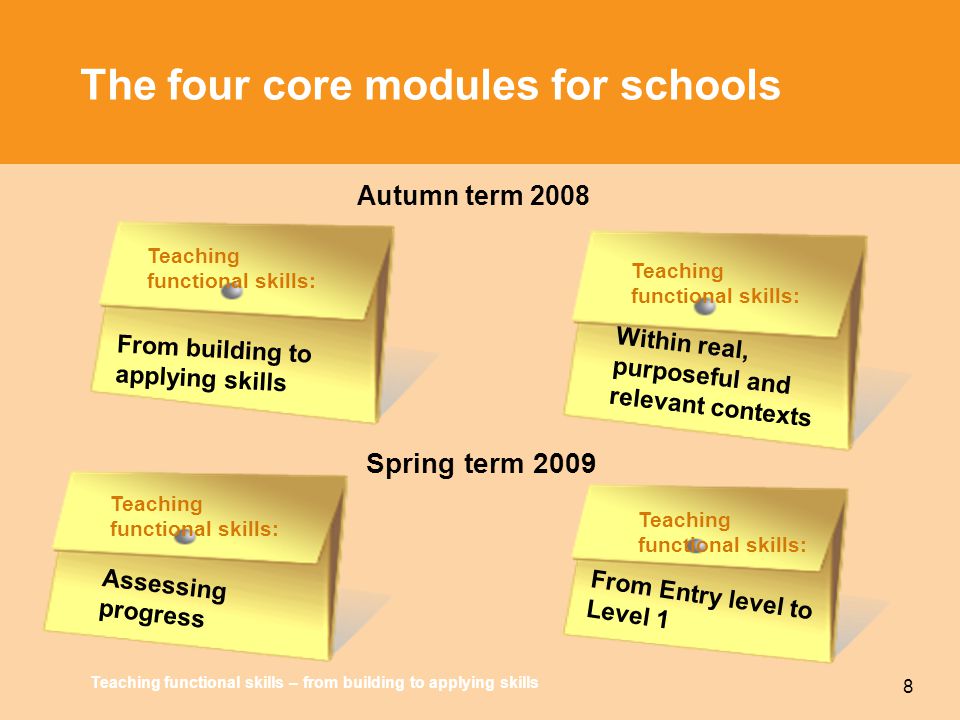 Teaching functional skills – from building to applying skills 8 The four core modules for schools Autumn term 2008 Teaching functional skills: From building to applying skills Within real, purposeful and relevant contexts Teaching functional skills: Assessing progress From Entry level to Level 1 Spring term 2009
