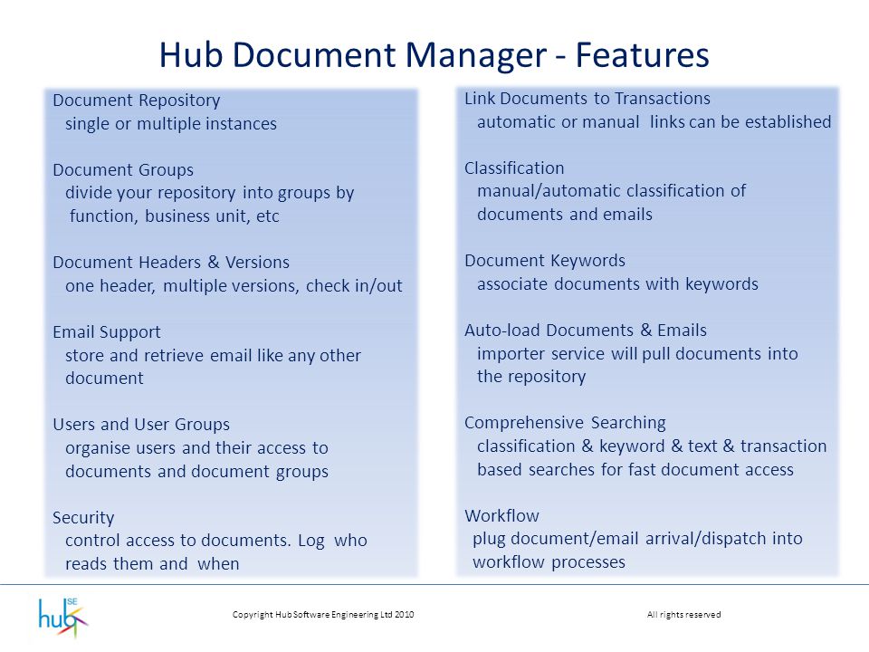 Copyright Hub Software Engineering Ltd 2010All rights reserved Hub Document Manager - Features Document Repository single or multiple instances Document Groups divide your repository into groups by function, business unit, etc Document Headers & Versions one header, multiple versions, check in/out  Support store and retrieve  like any other document Users and User Groups organise users and their access to documents and document groups Security control access to documents.