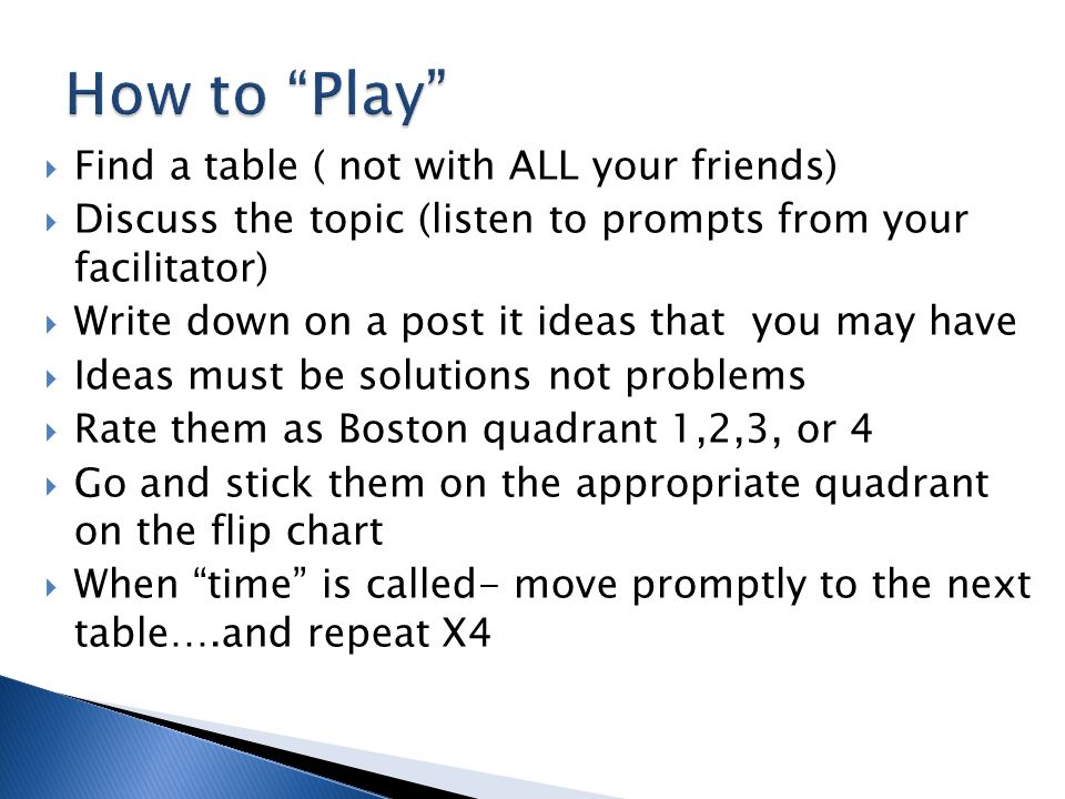  Find a table ( not with ALL your friends)  Discuss the topic (listen to prompts from your facilitator)  Write down on a post it ideas that you may have  Ideas must be solutions not problems  Rate them as Boston quadrant 1,2,3, or 4  Go and stick them on the appropriate quadrant on the flip chart  When time is called- move promptly to the next table….and repeat X4