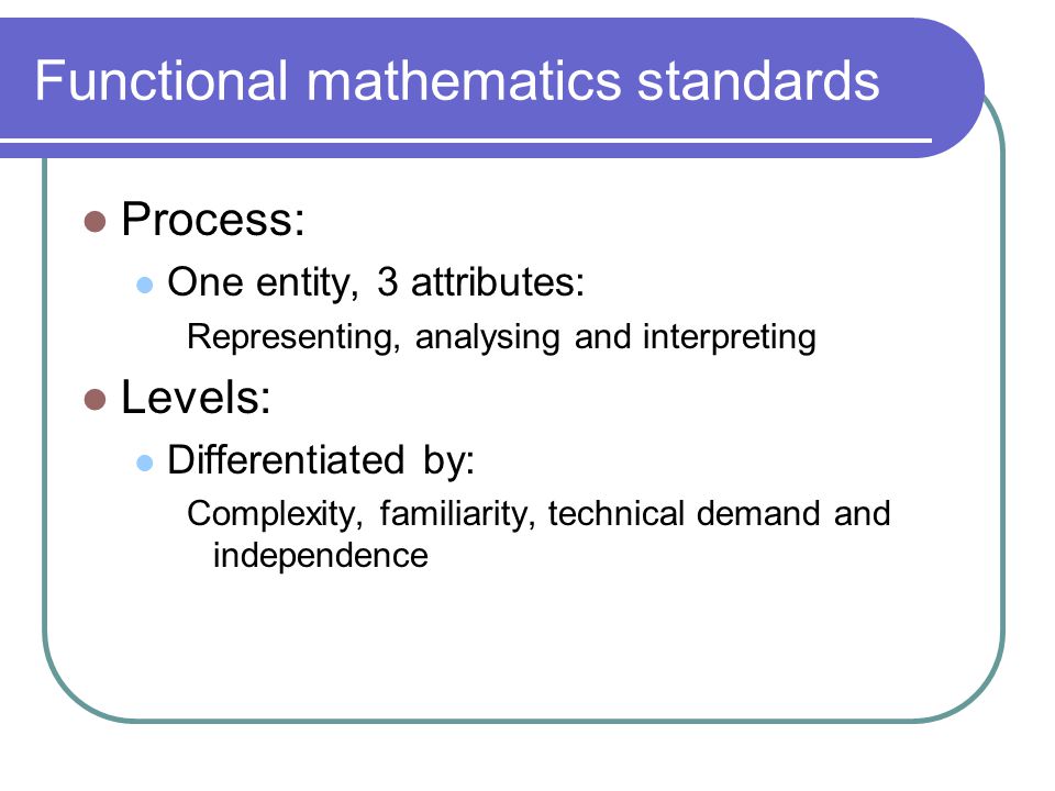 Functional mathematics standards Process: One entity, 3 attributes: Representing, analysing and interpreting Levels: Differentiated by: Complexity, familiarity, technical demand and independence