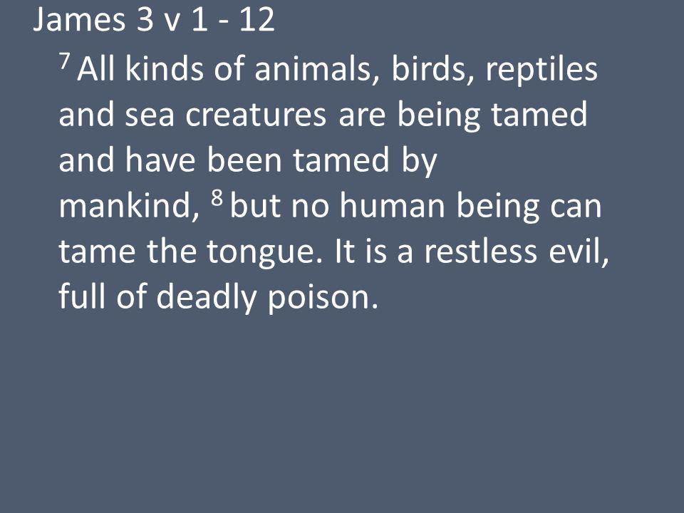 James 3 v All kinds of animals, birds, reptiles and sea creatures are being tamed and have been tamed by mankind, 8 but no human being can tame the tongue.