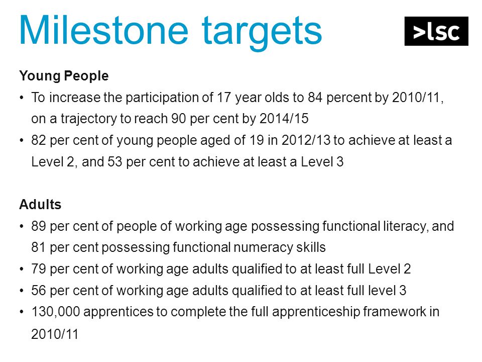 Milestone targets Young People To increase the participation of 17 year olds to 84 percent by 2010/11, on a trajectory to reach 90 per cent by 2014/15 82 per cent of young people aged of 19 in 2012/13 to achieve at least a Level 2, and 53 per cent to achieve at least a Level 3 Adults 89 per cent of people of working age possessing functional literacy, and 81 per cent possessing functional numeracy skills 79 per cent of working age adults qualified to at least full Level 2 56 per cent of working age adults qualified to at least full level 3 130,000 apprentices to complete the full apprenticeship framework in 2010/11