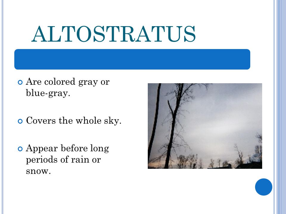 ALTOSTRATUS Are colored gray or blue-gray. Covers the whole sky.