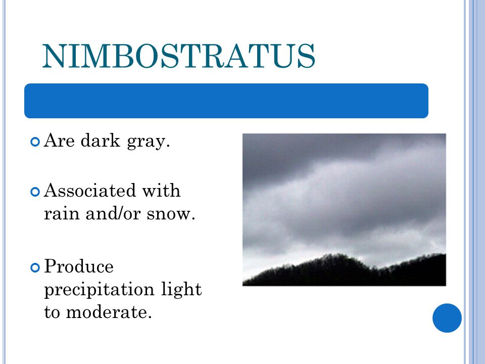 NIMBOSTRATUS Are dark gray. Associated with rain and/or snow.